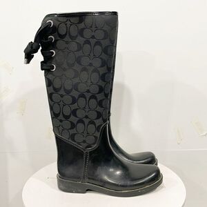 Coach Logo Tristee Rain Boots Black Womens Sz 7B Lace Back Outdoor Canvas A7431